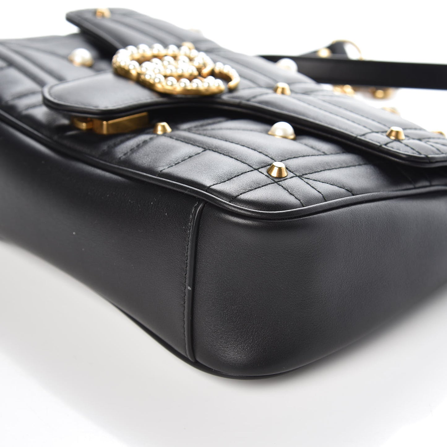 Calfskin Matelasse Studded Small Pearly GG Marmont Shoulder Bag Black