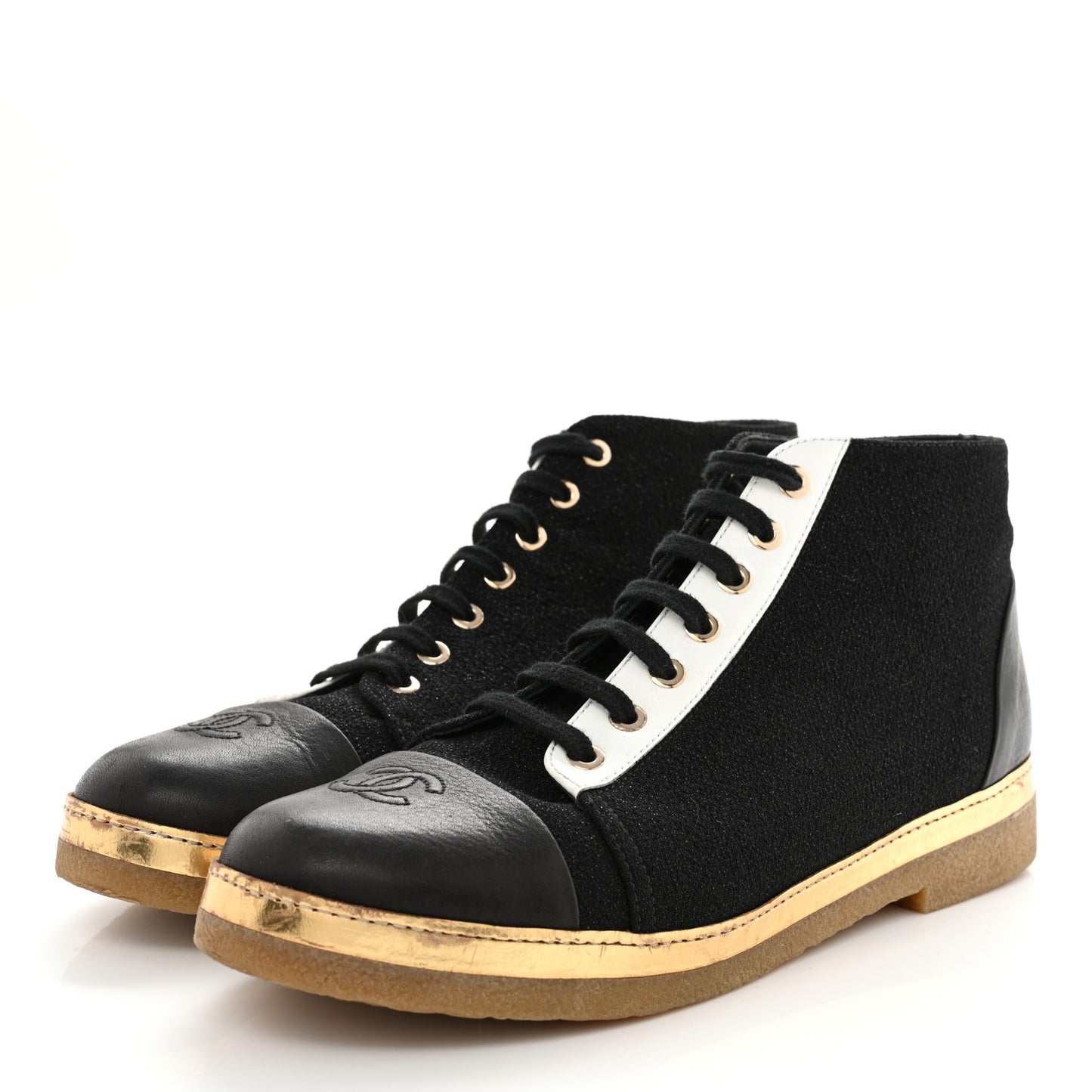 Tweed Calfskin CC Lace Up Short Boots 40.5 Black Gold