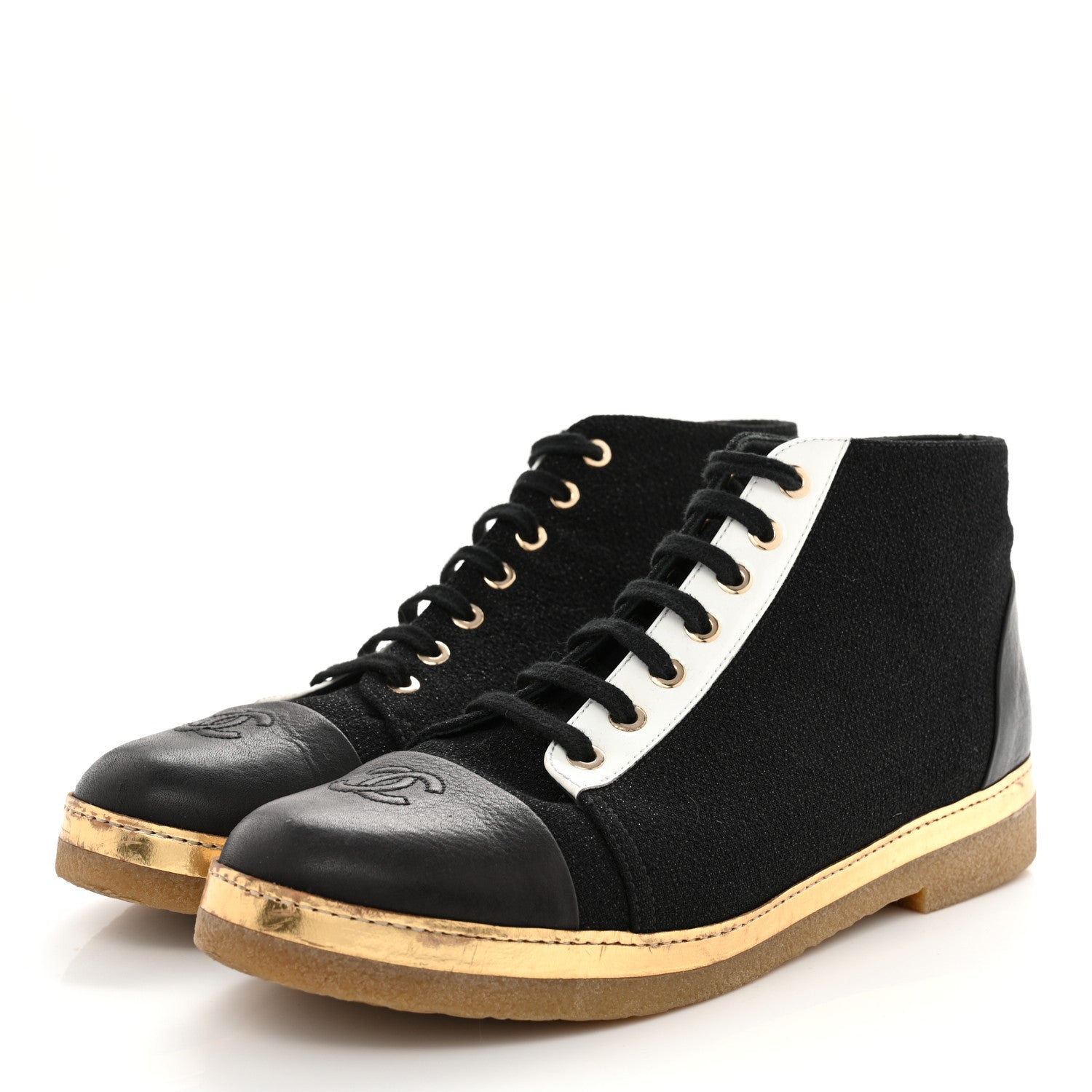 Chanel Tweed Calfskin CC Lace Up Short Boots 40.5 Black Gold 3 of 12