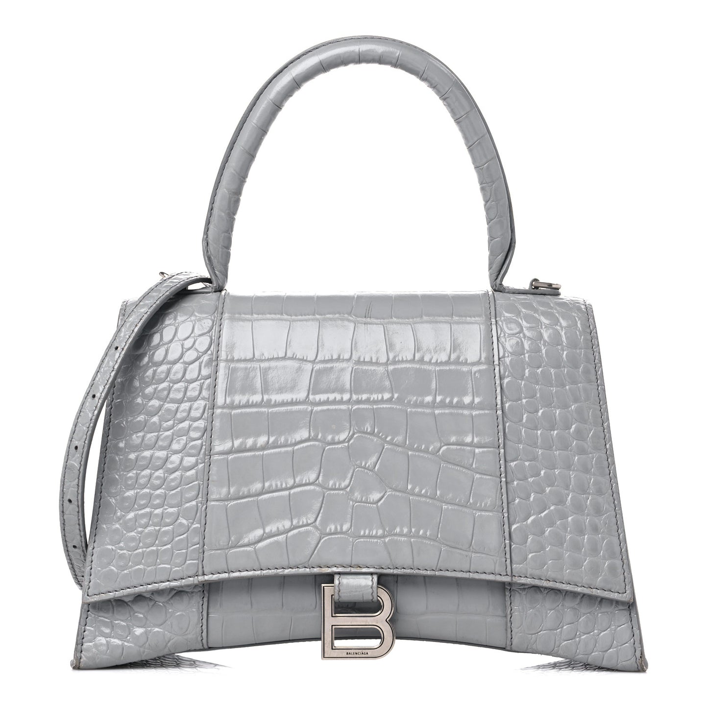 Shiny Calfskin Crocodile Embossed Medium Hourglass Top Handle Bag Balenciaga Grey