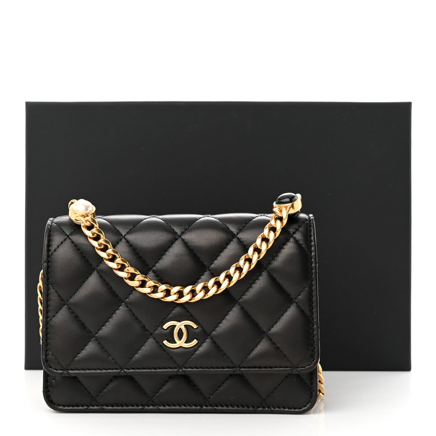 Lambskin Quilted CC Pearl Enamel Clutch on Chain WOC Black
