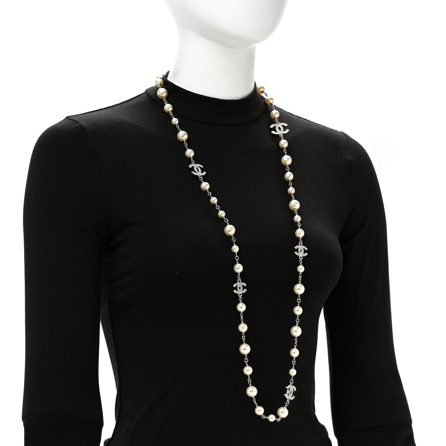 Chanel Crystal Pearl CC Long Necklace Silver 2 of 5