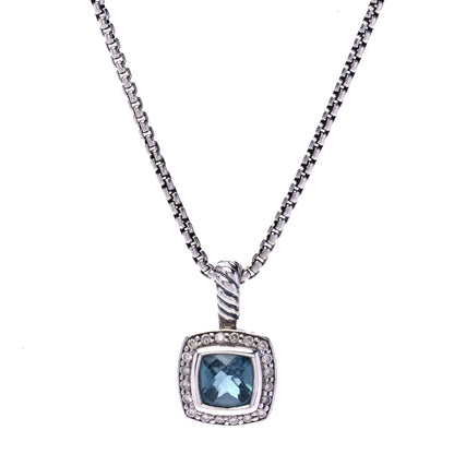 David Yurman Sterling Silver Diamond Hampton Blue Topaz 7mm Petite Albion Pendant Necklace 2 of 7