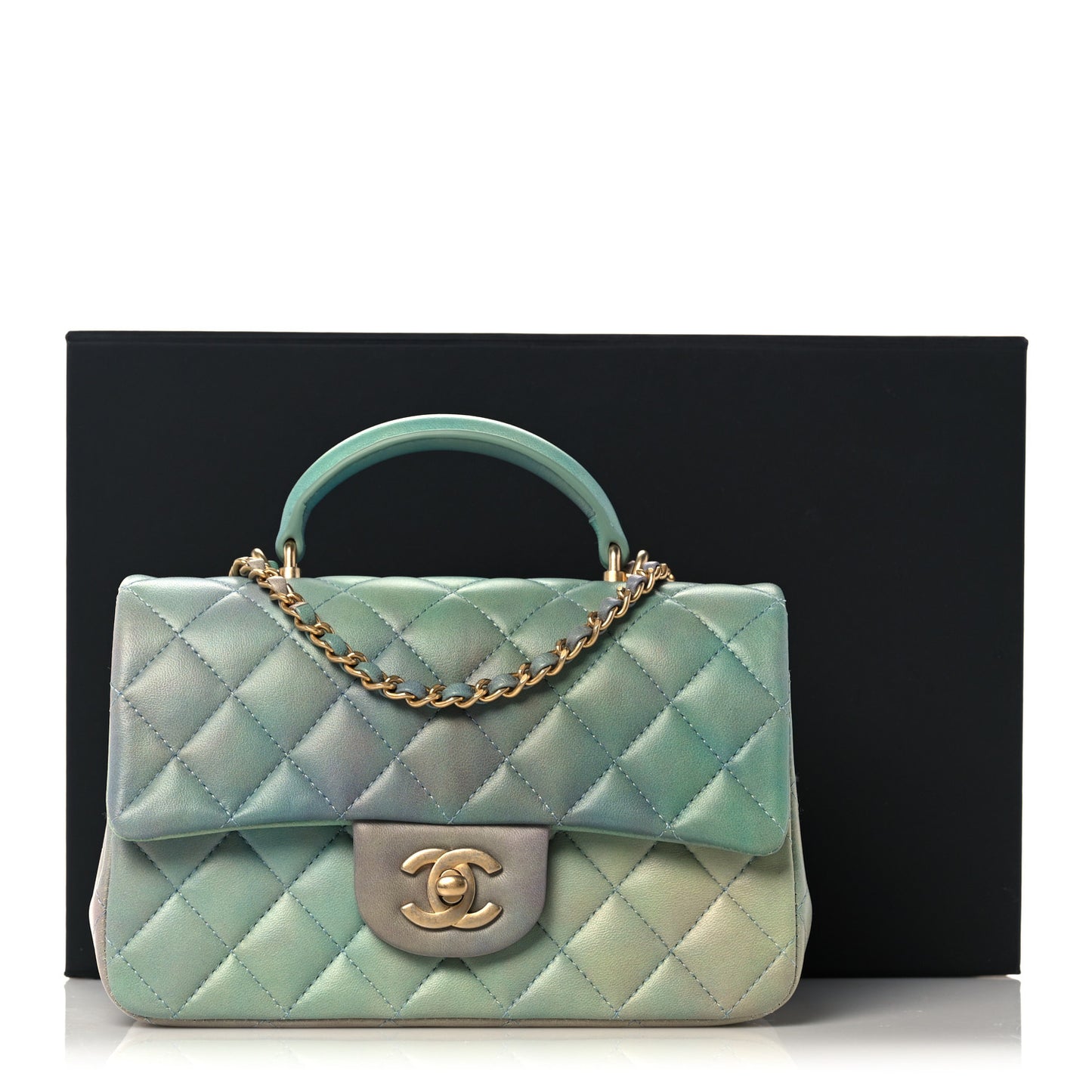 Lambskin Quilted Ombre Mini Top Handle Rectangular Flap Blue Green