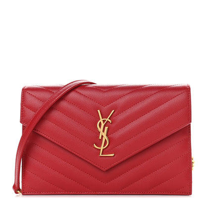 Saint Laurent Grain De Poudre Matelasse Chevron Monogram Envelope Chain Wallet New Red 1 of 8