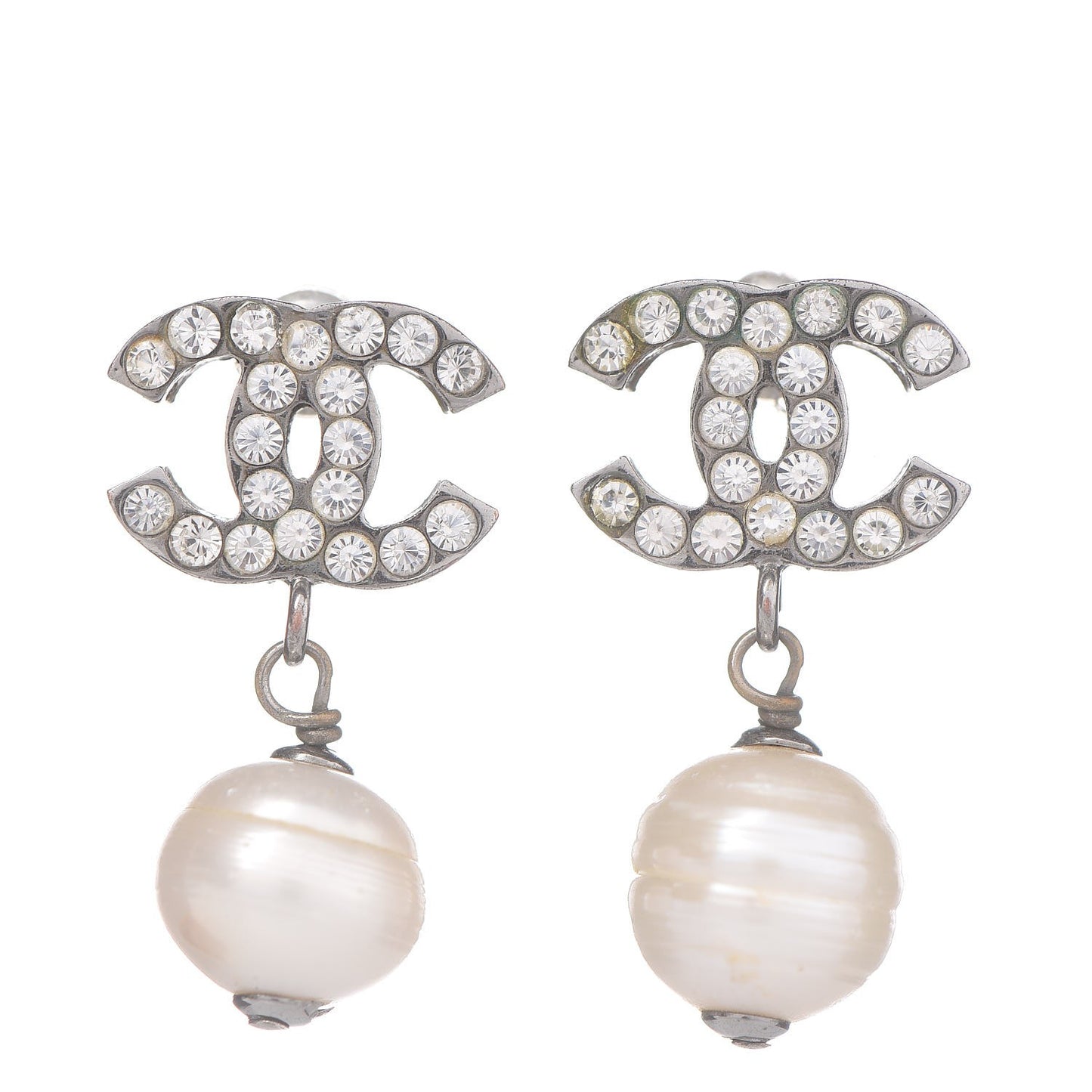 Crystal Pearl CC Drop Earrings Silver