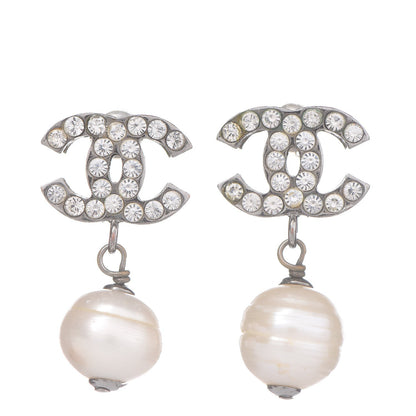 Chanel Crystal Pearl CC Drop Earrings Silver 1 of 4