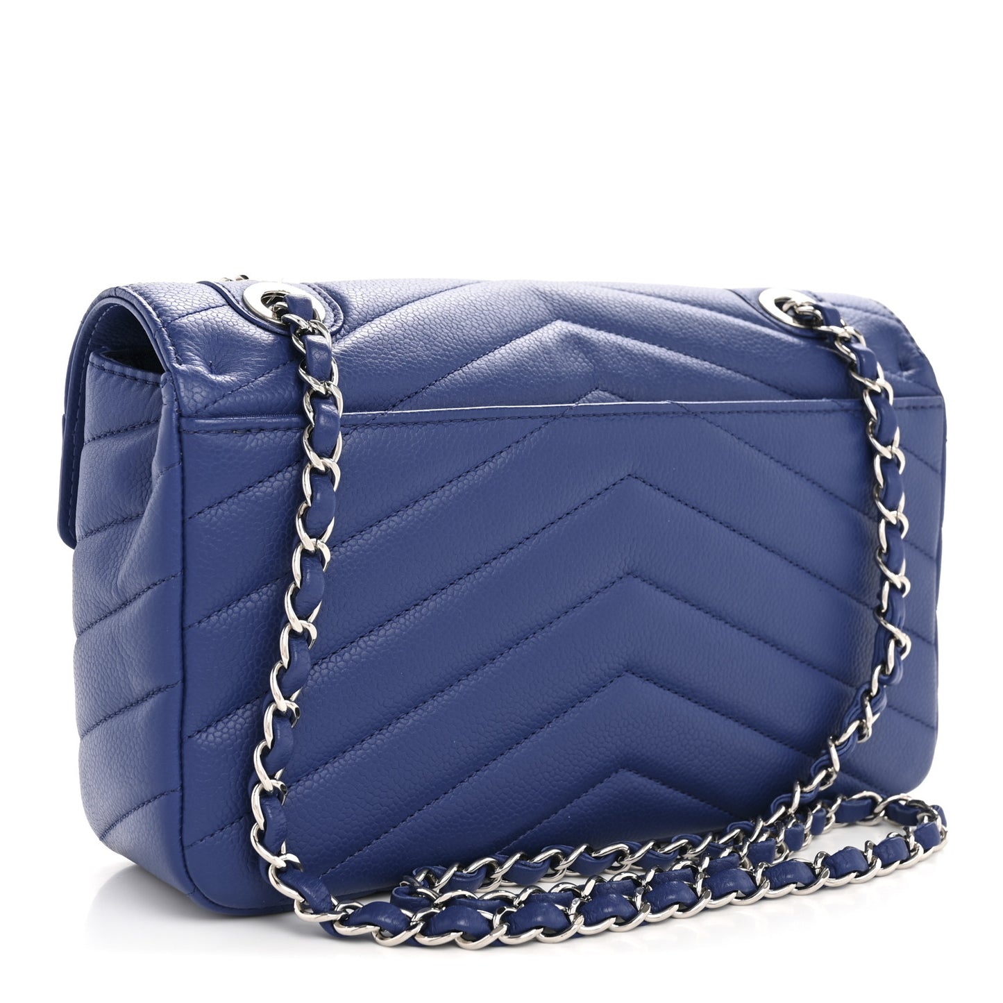Caviar Chevron Quilted Single Flap Blue