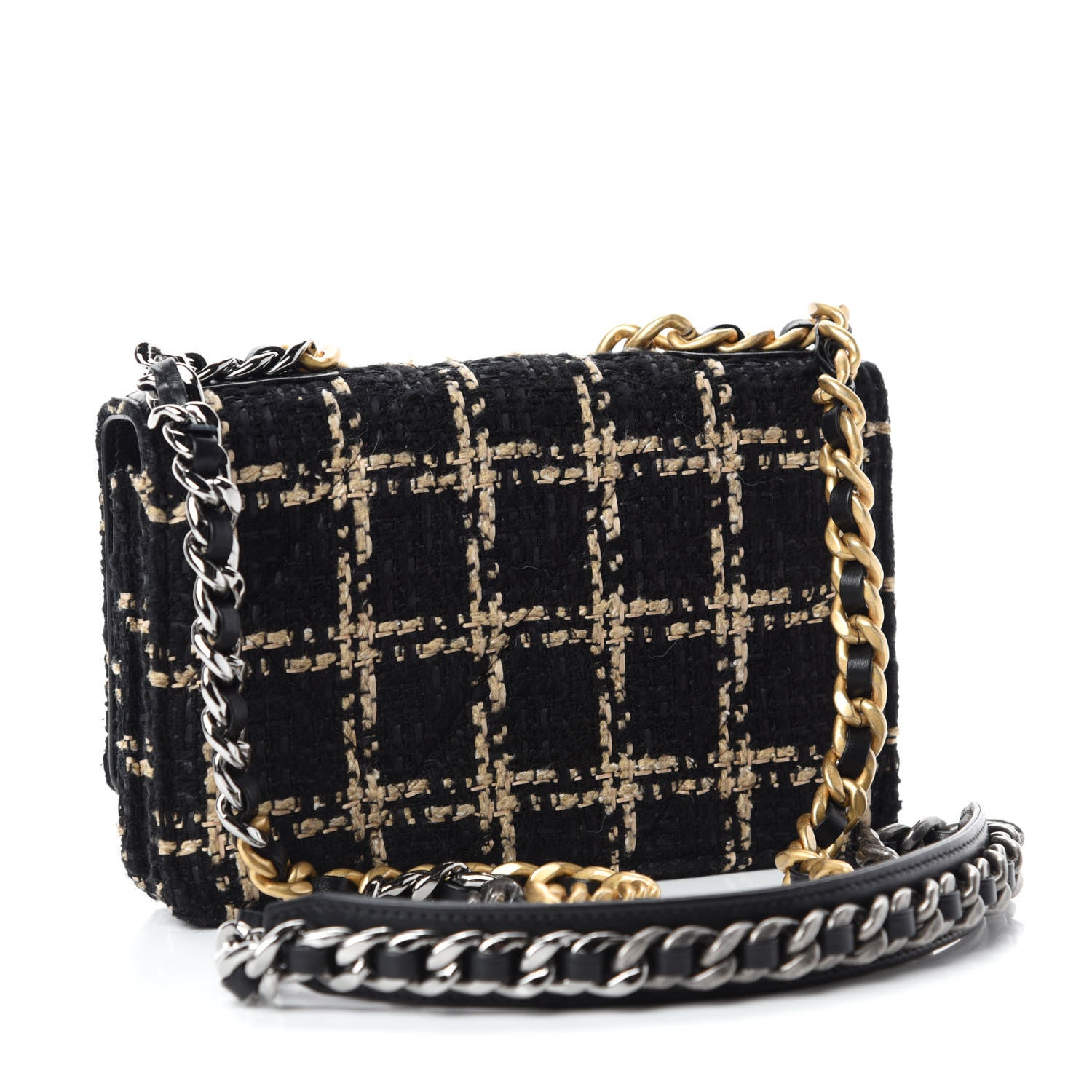 Chanel Tweed Quilted Chanel 19 Wallet On Chain WOC Black Beige 3 of 12