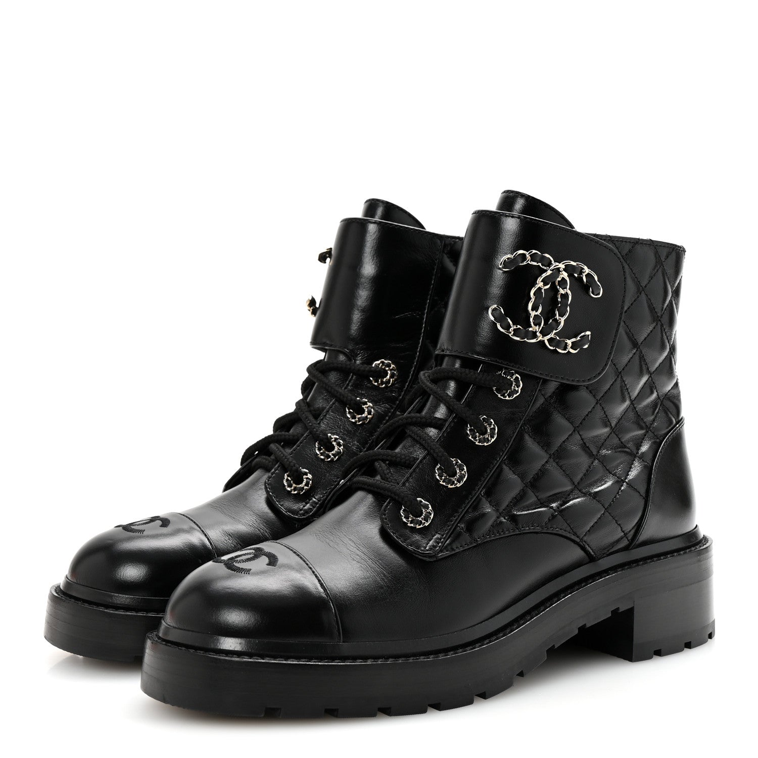 Chanel Shiny Lambskin Quilted Lace Up Combat Boots 39 Black 4 of 10