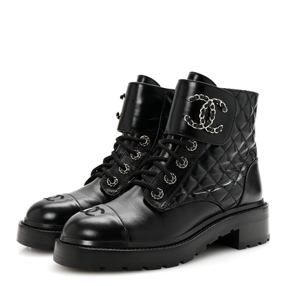 Chanel Shiny Lambskin Quilted Lace Up Combat Boots 39 Black 4 of 10