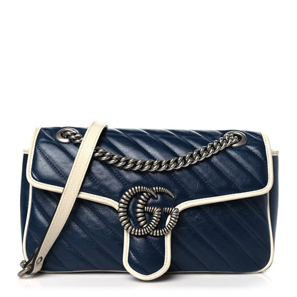 Gucci Vintage Effect Calfskin Matelasse Diagonal Small Torchon GG Marmont Shoulder Bag Blue Agata Mystic White 1 of 11