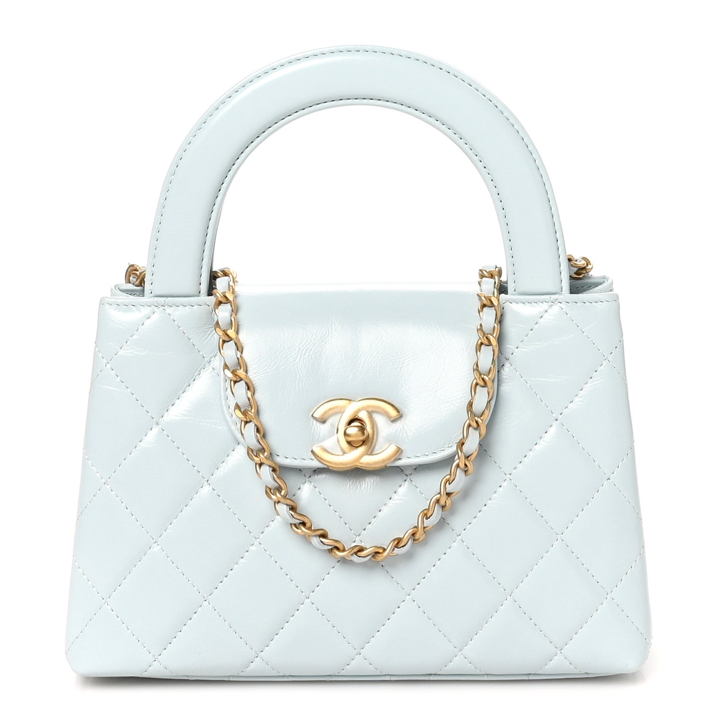 Shiny Aged Calfskin Quilted Nano Kelly Shopper Light Blue