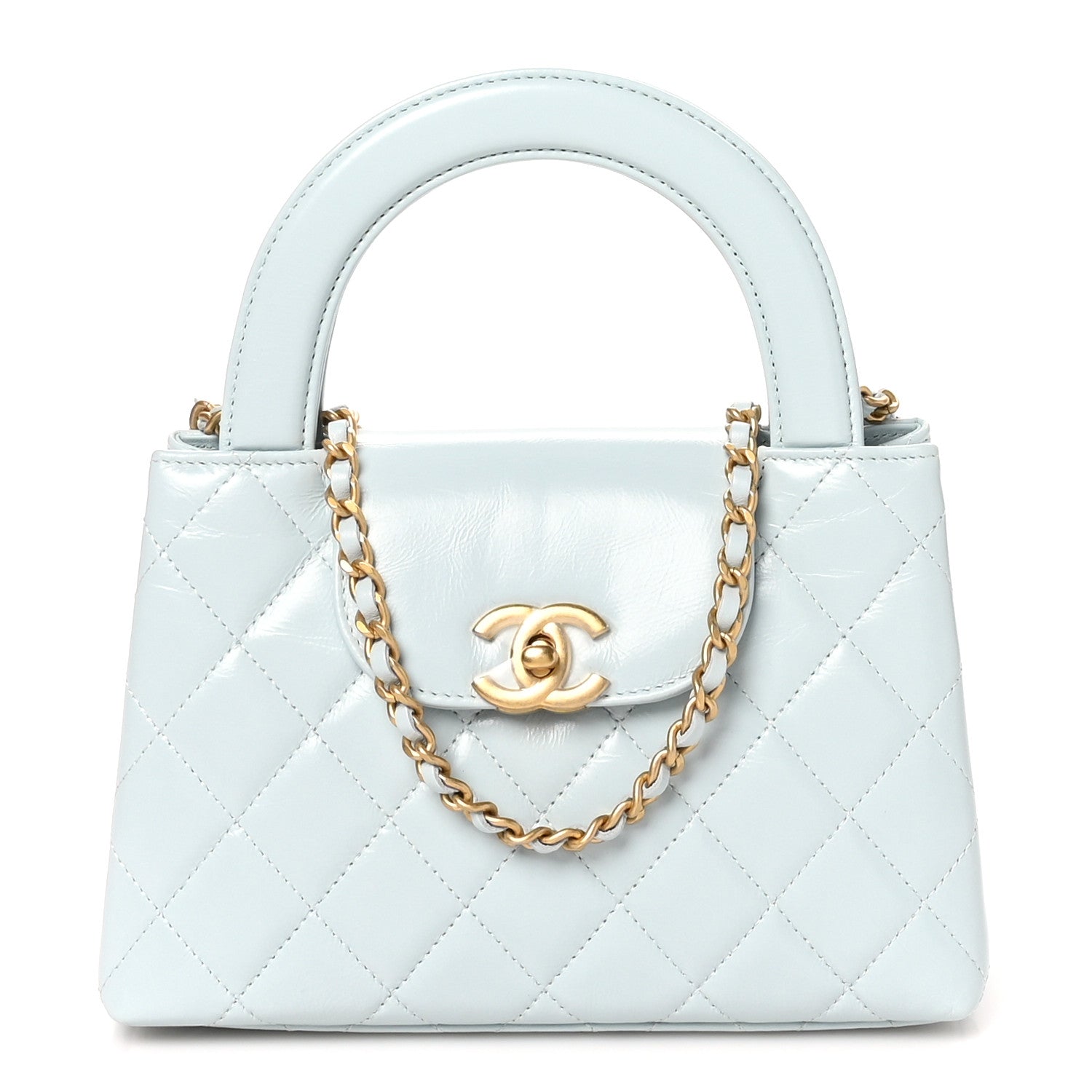 Chanel Shiny Aged Calfskin Quilted Nano Kelly Shopper Light Blue 1 of 12