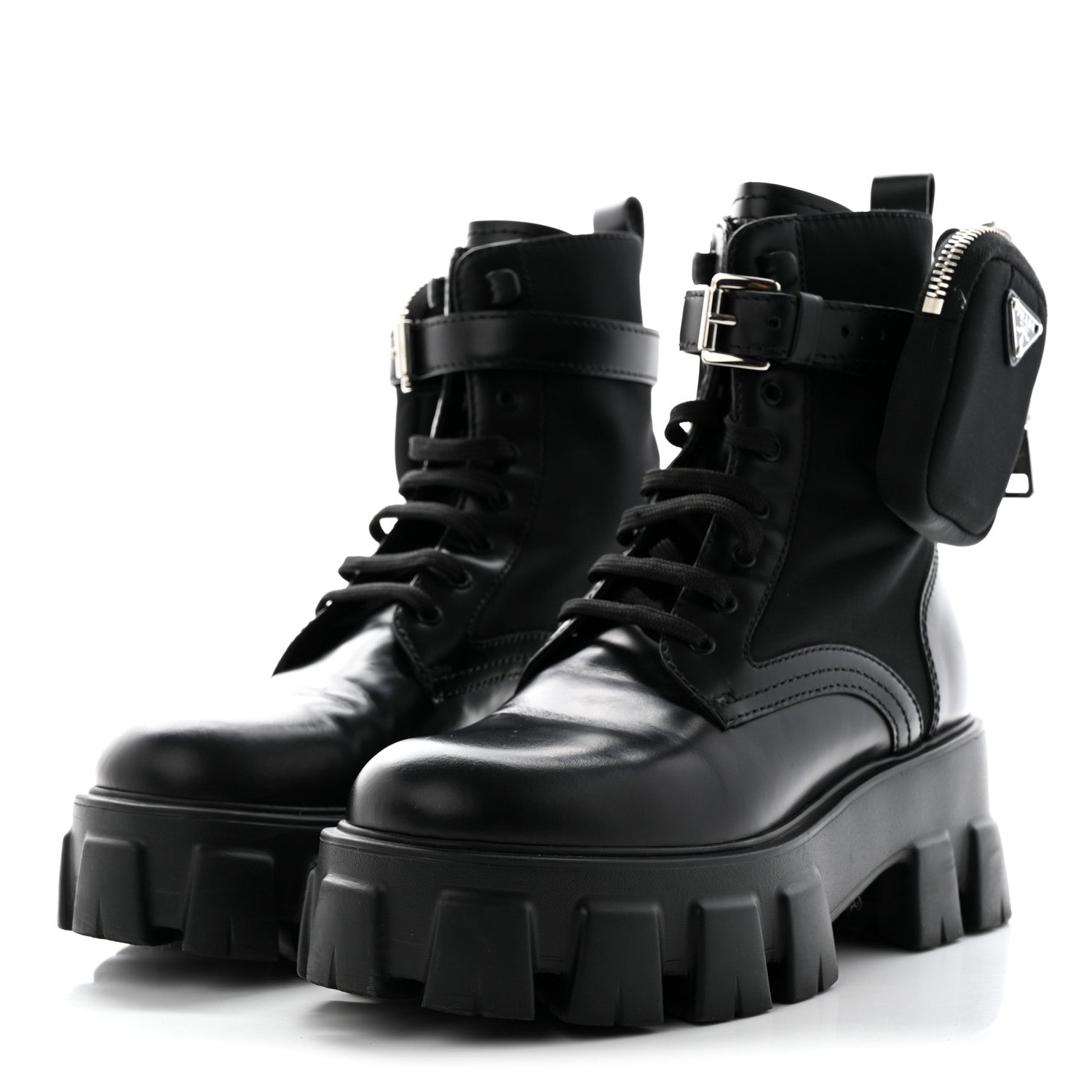Prada Spazzolato Rois Re-Nylon Metal Triangle Logo Monolith Pouch Pocket 55mm Boots 36 Black 3 of 15