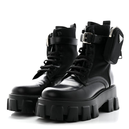 Prada Spazzolato Rois Re-Nylon Metal Triangle Logo Monolith Pouch Pocket 55mm Boots 36 Black 3 of 15
