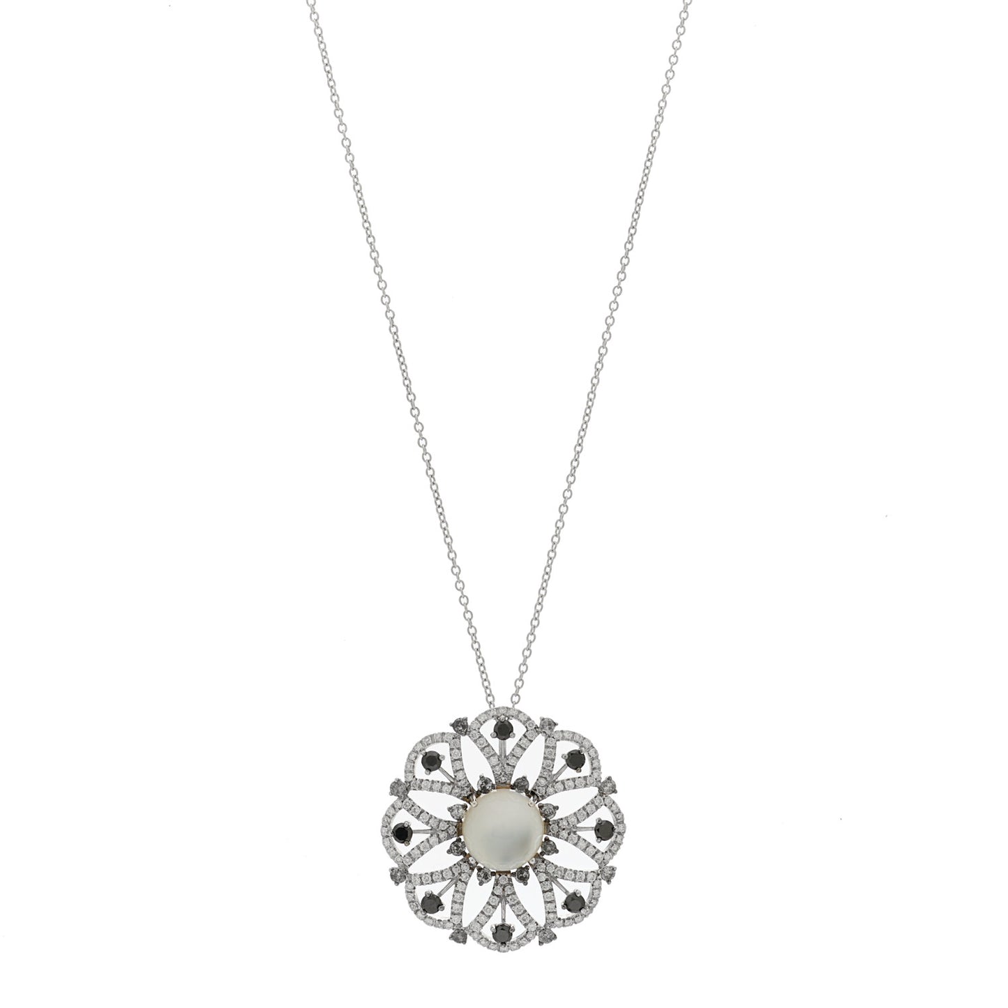 18K White Gold Diamond Mother of Pearl Quartz Margherita Pendant Necklace