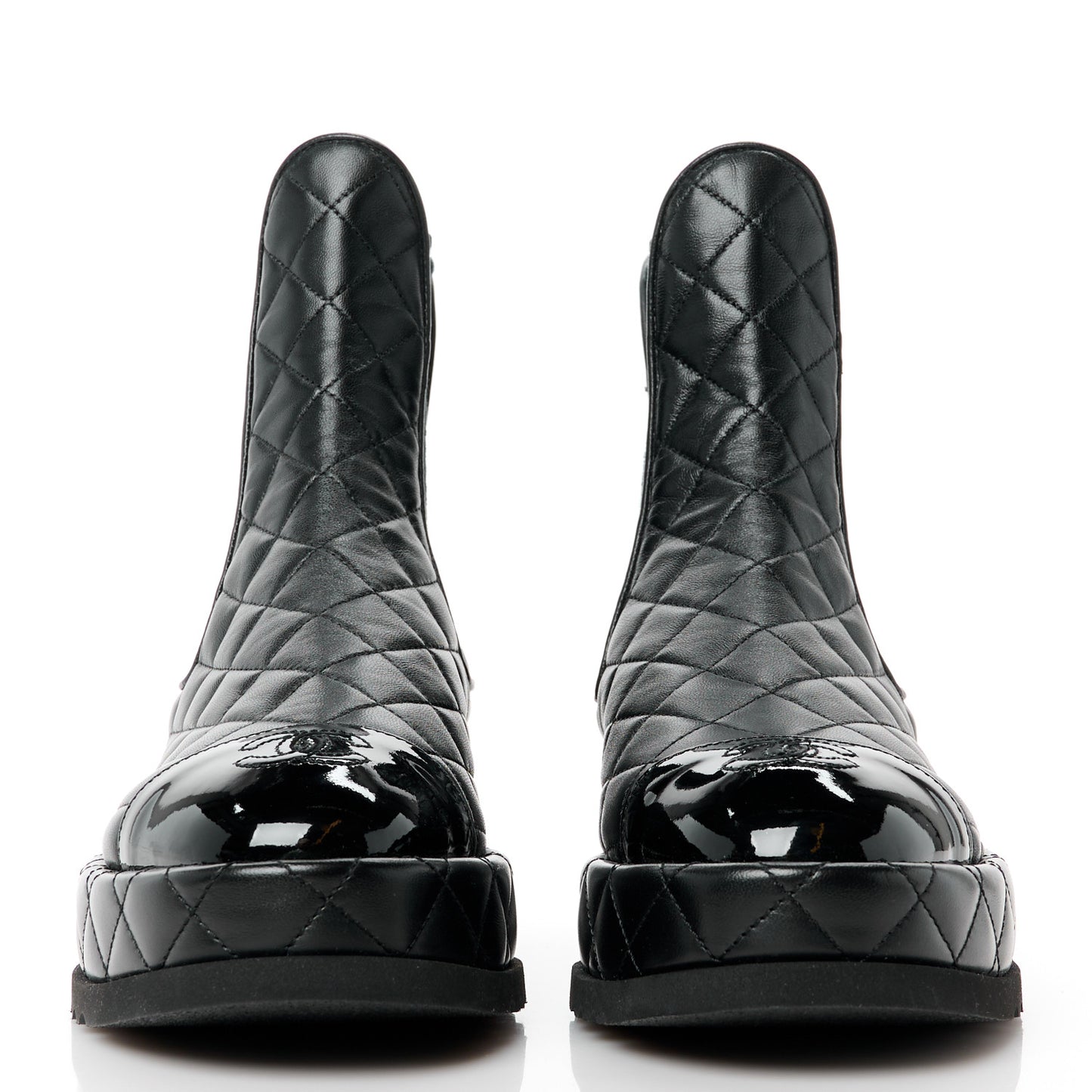 Lambskin Patent CC Cap Toe Quilted Short Platform Boots 37.5 Black