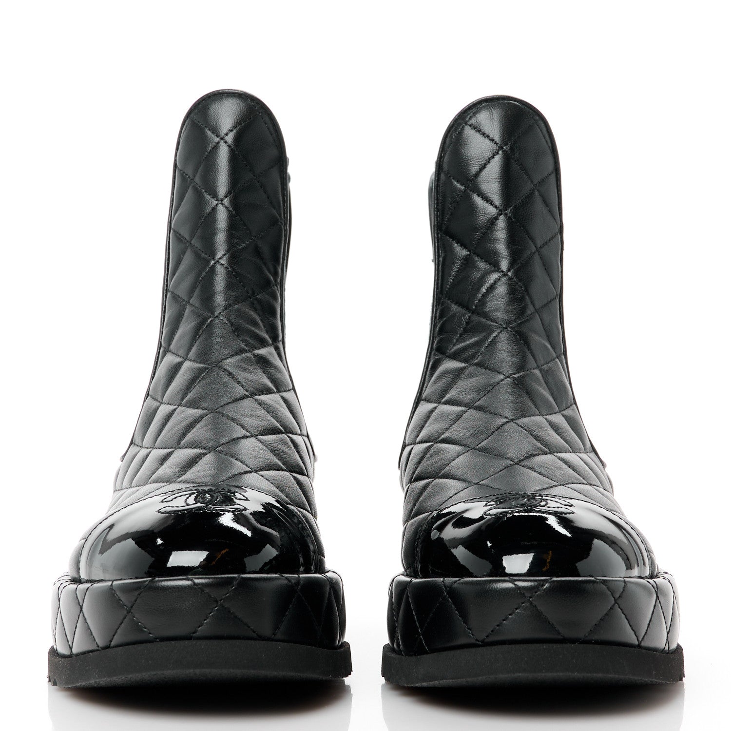 Chanel Lambskin Patent CC Cap Toe Quilted Short Platform Boots 37.5 Black 2 of 8