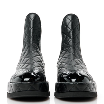 Chanel Lambskin Patent CC Cap Toe Quilted Short Platform Boots 37.5 Black 2 of 8