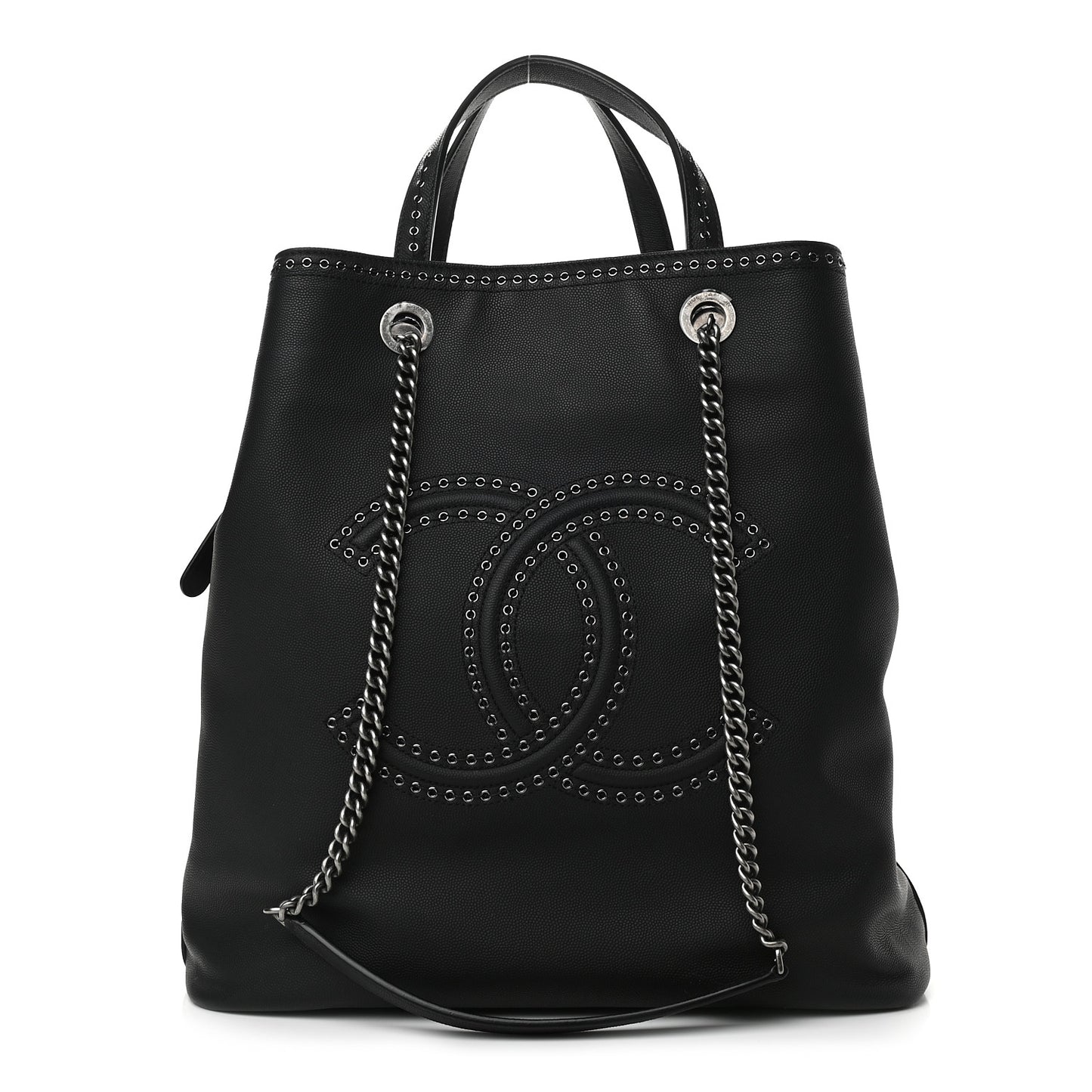 Grained Calfskin Large Coco Eyelets Shopping Tote Black