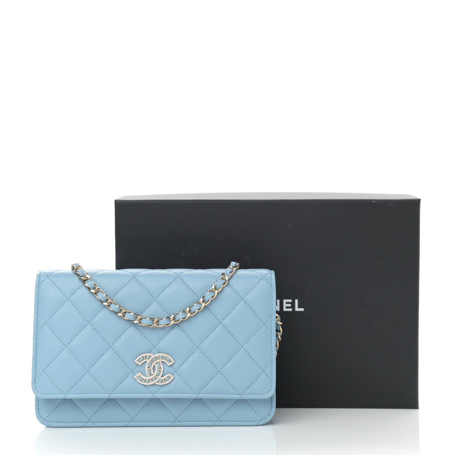 Chanel Caviar Quilted Crystal CC Wallet On Chain WOC Light Blue 13 of 13