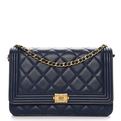 Chanel Lambskin Quilted Boy Wallet On Chain WOC Blue 1 of 10