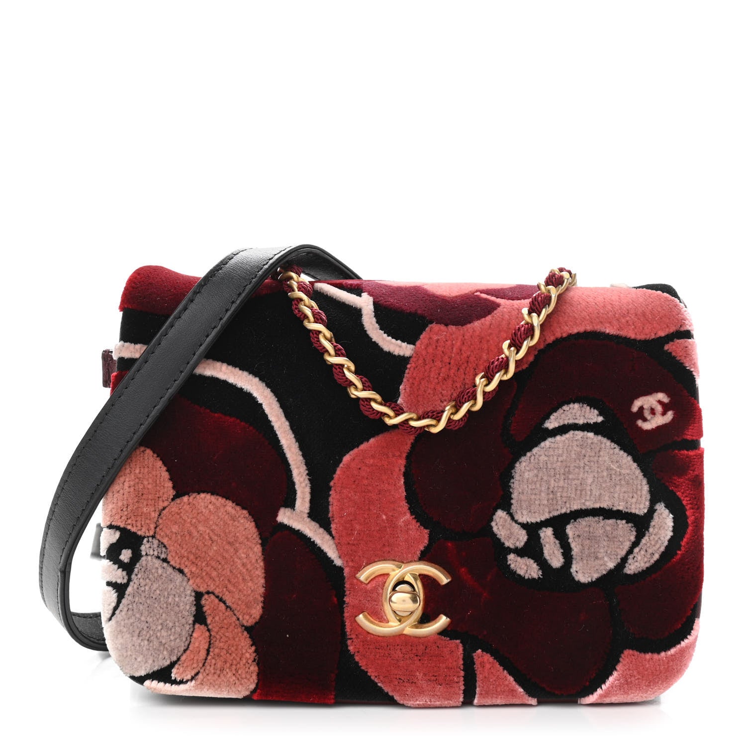Chanel Velvet Lambskin Mini Camellia Flap Black Burgundy 1 of 11