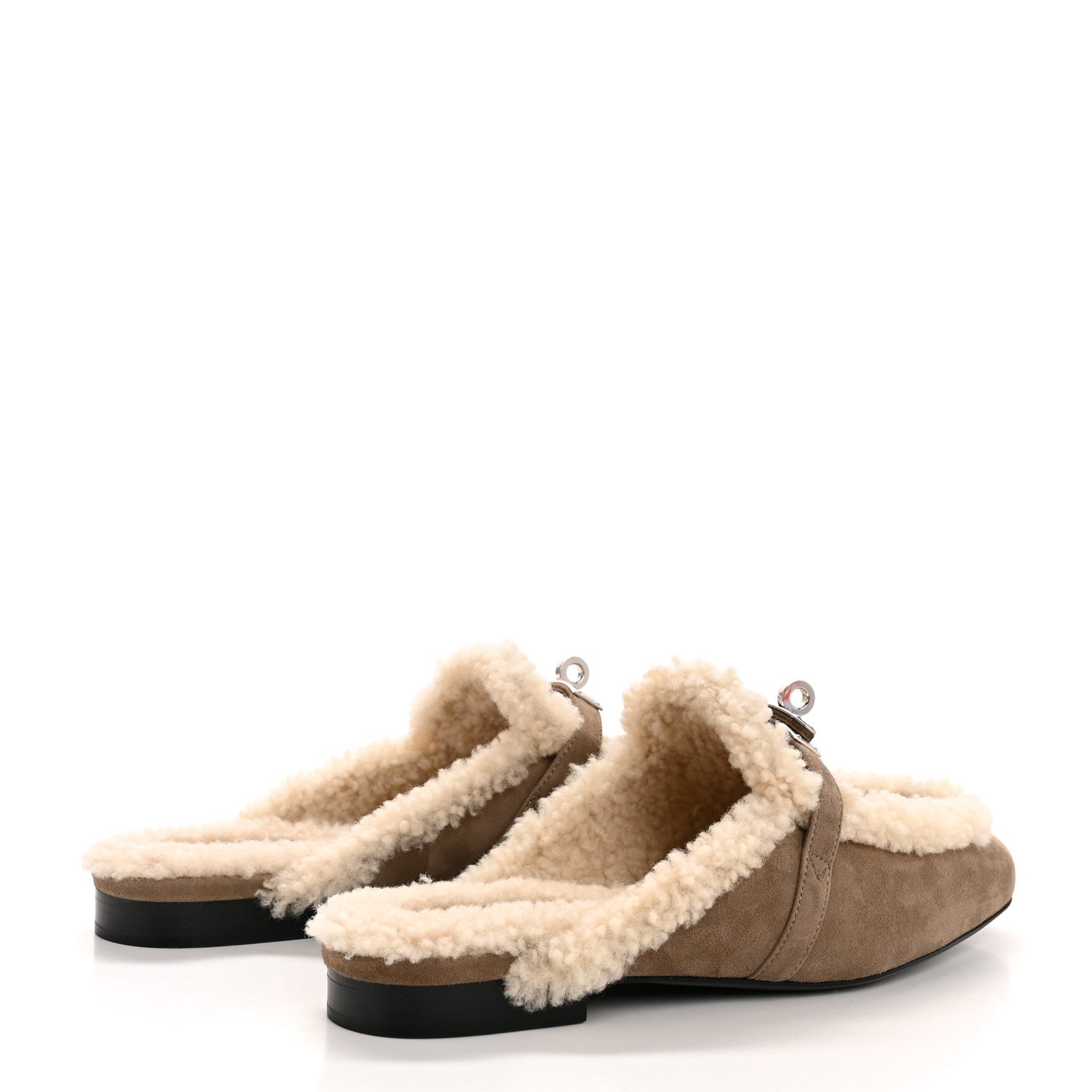 Hermes Suede Goatskin Shearling Womens Oz Mules 38 Etoupe Ecru 5 of 10