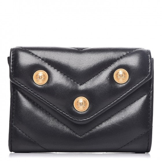 Lambskin Chevron Quilted Medallion CC Card Holder Black