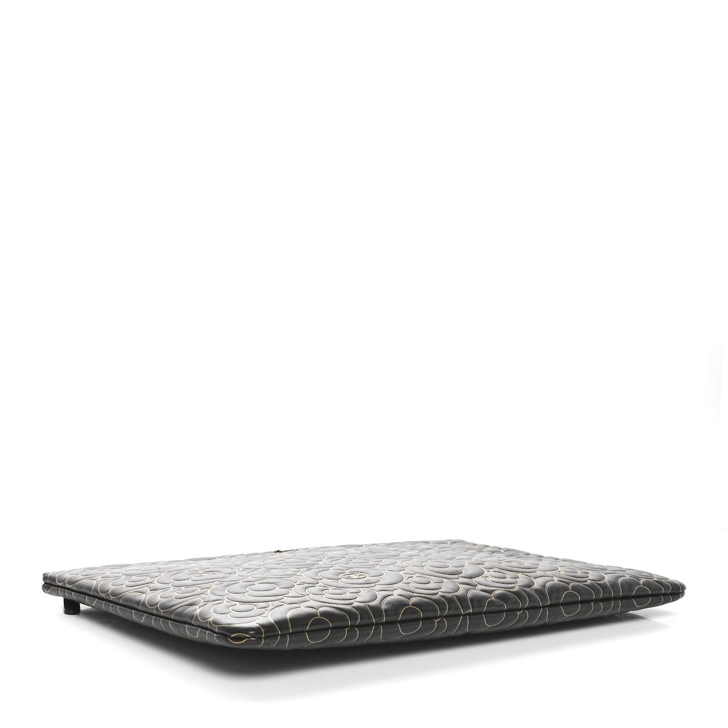 Lambskin Camellia Embossed Large Cosmetic Case Black Gold