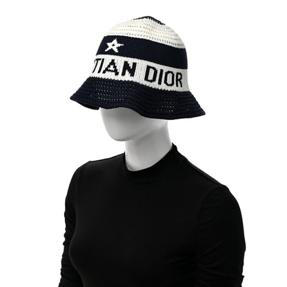 Christian Dior Cotton Blend Knitted D-Tulipe Cloche Hat M Blue White 2 of 9