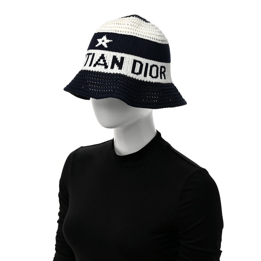 Cotton Blend Knitted D-Tulipe Cloche Hat M Blue White
