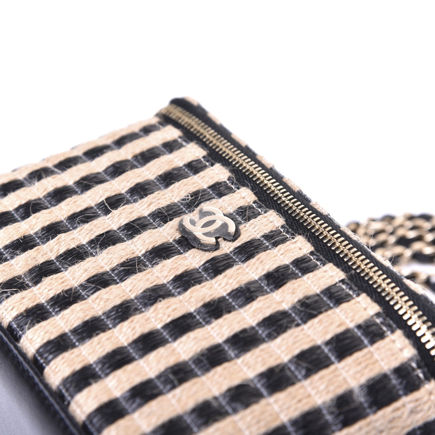 Raffia Jute Striped Small Vanity Case With Chain Black Beige