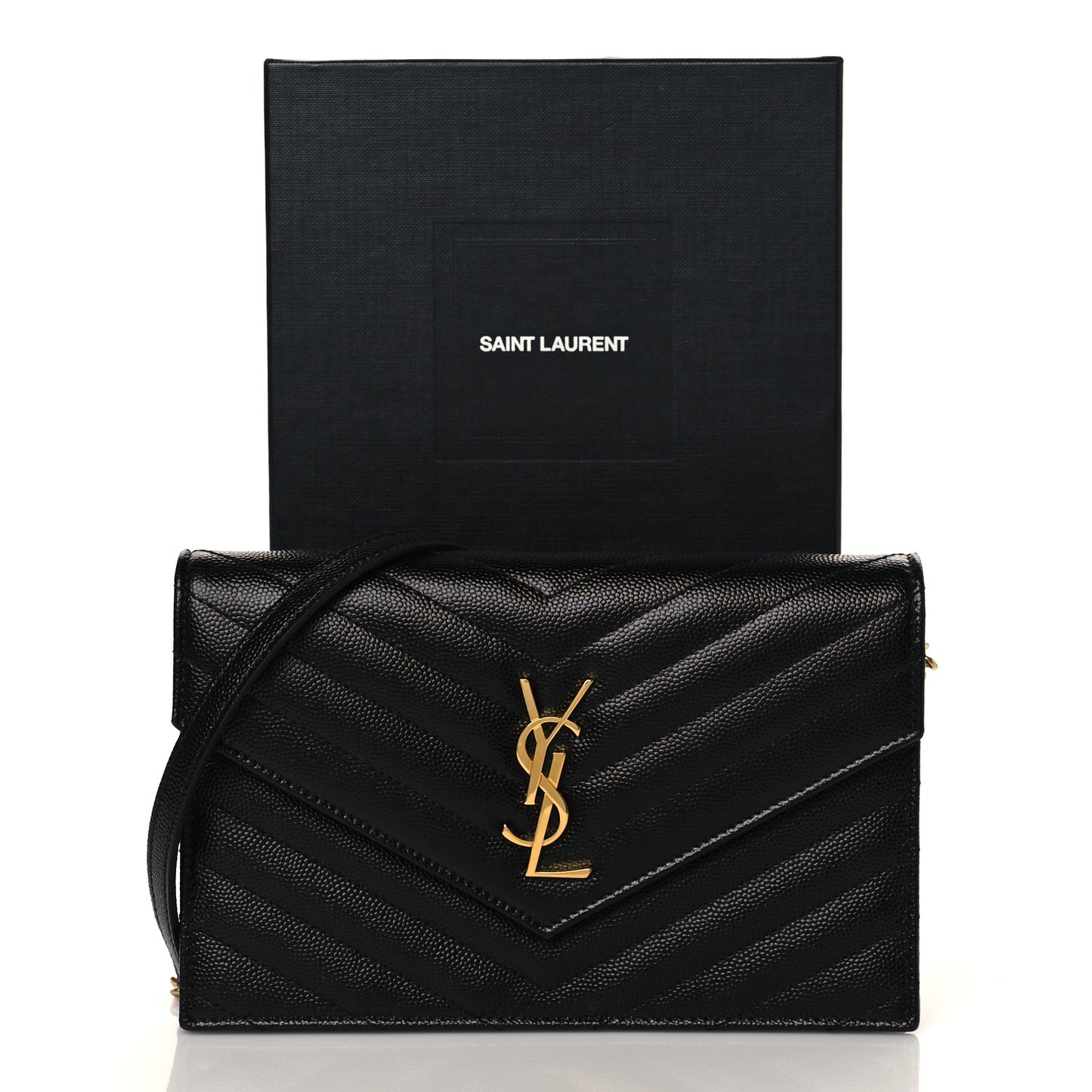 Grain De Poudre Matelasse Chevron Monogram Envelope Chain Wallet Black