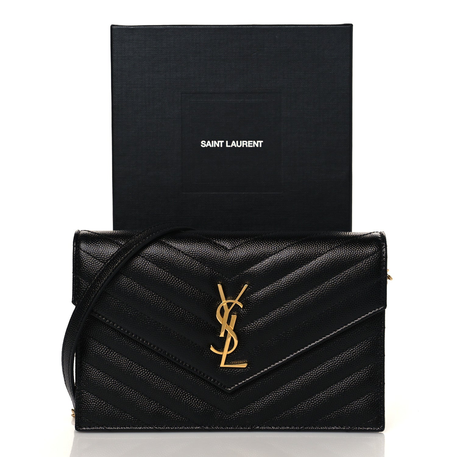 Saint Laurent Grain De Poudre Matelasse Chevron Monogram Envelope Chain Wallet Black 11 of 11
