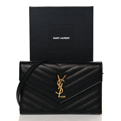 Saint Laurent Grain De Poudre Matelasse Chevron Monogram Envelope Chain Wallet Black 11 of 11
