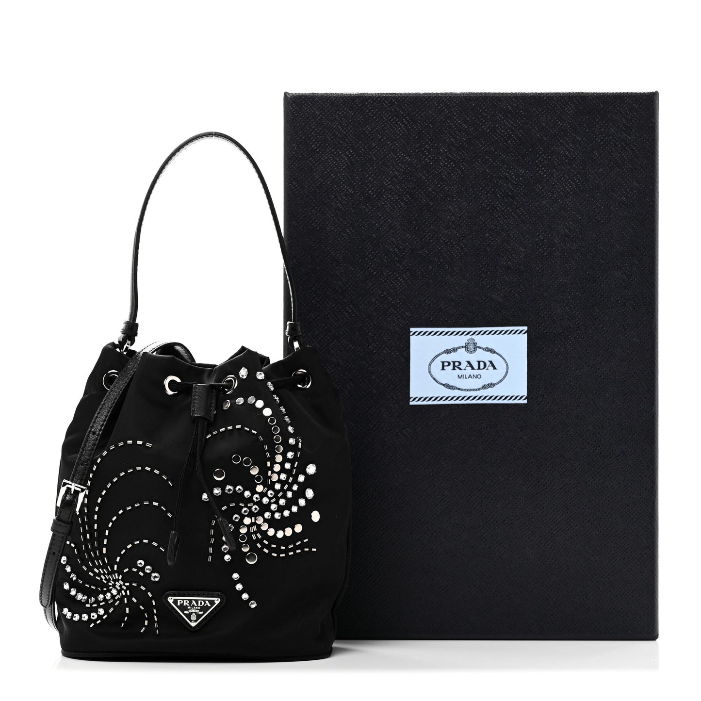 Tessuto Saffiano Ricamo Sequin Crystal Embellished Mini Re-Edition 1978 Bucket Bag Black