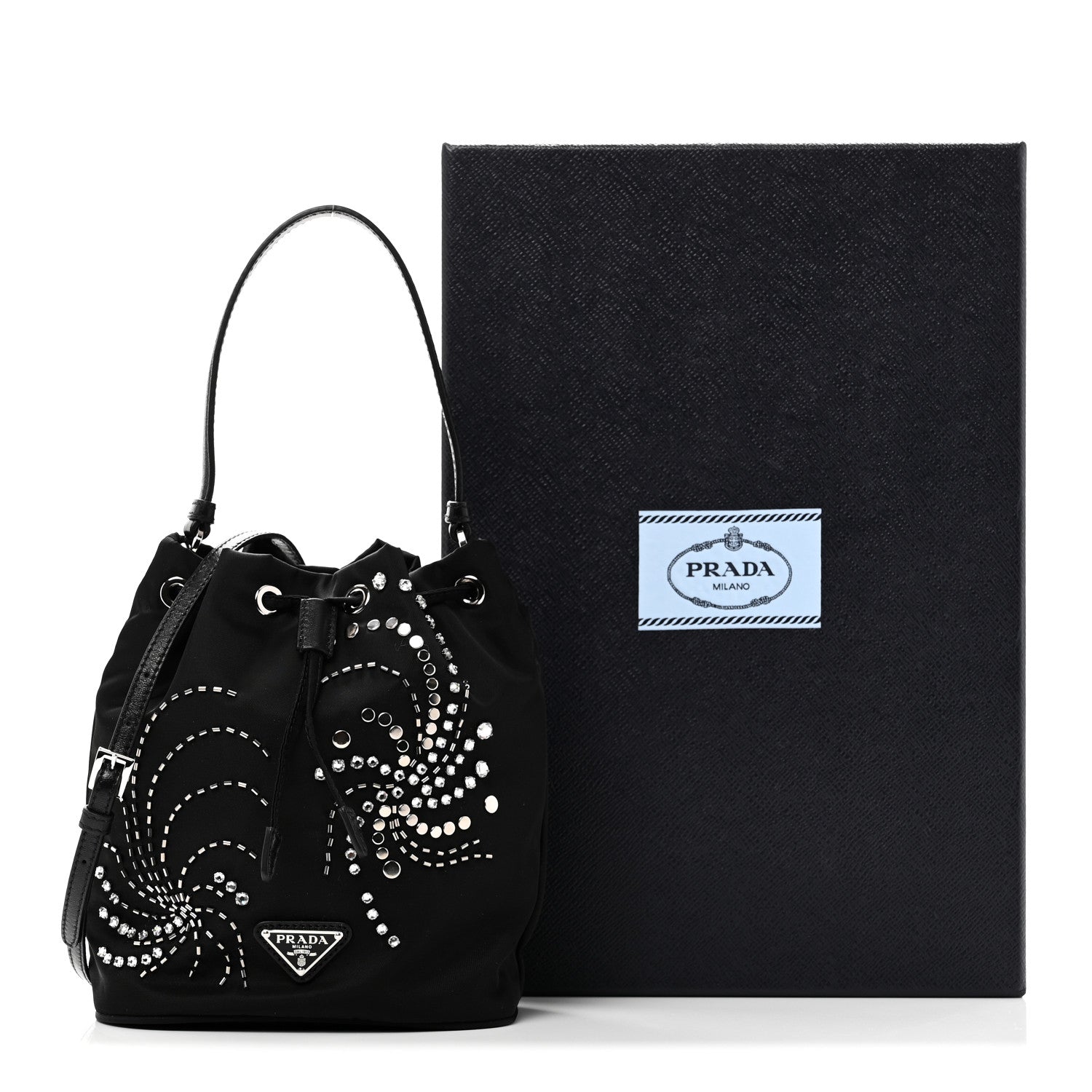 Prada Tessuto Saffiano Ricamo Sequin Crystal Embellished Mini Re-Edition 1978 Bucket Bag Black 10 of 10