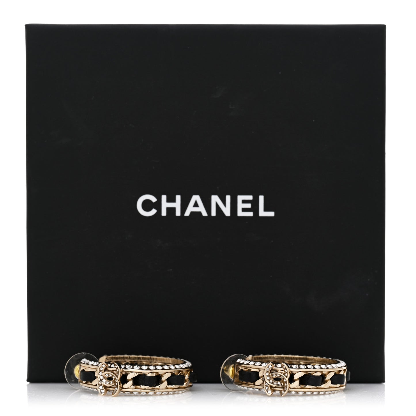 Crystal Lambskin CC Chain Hoop Earrings Gold Black