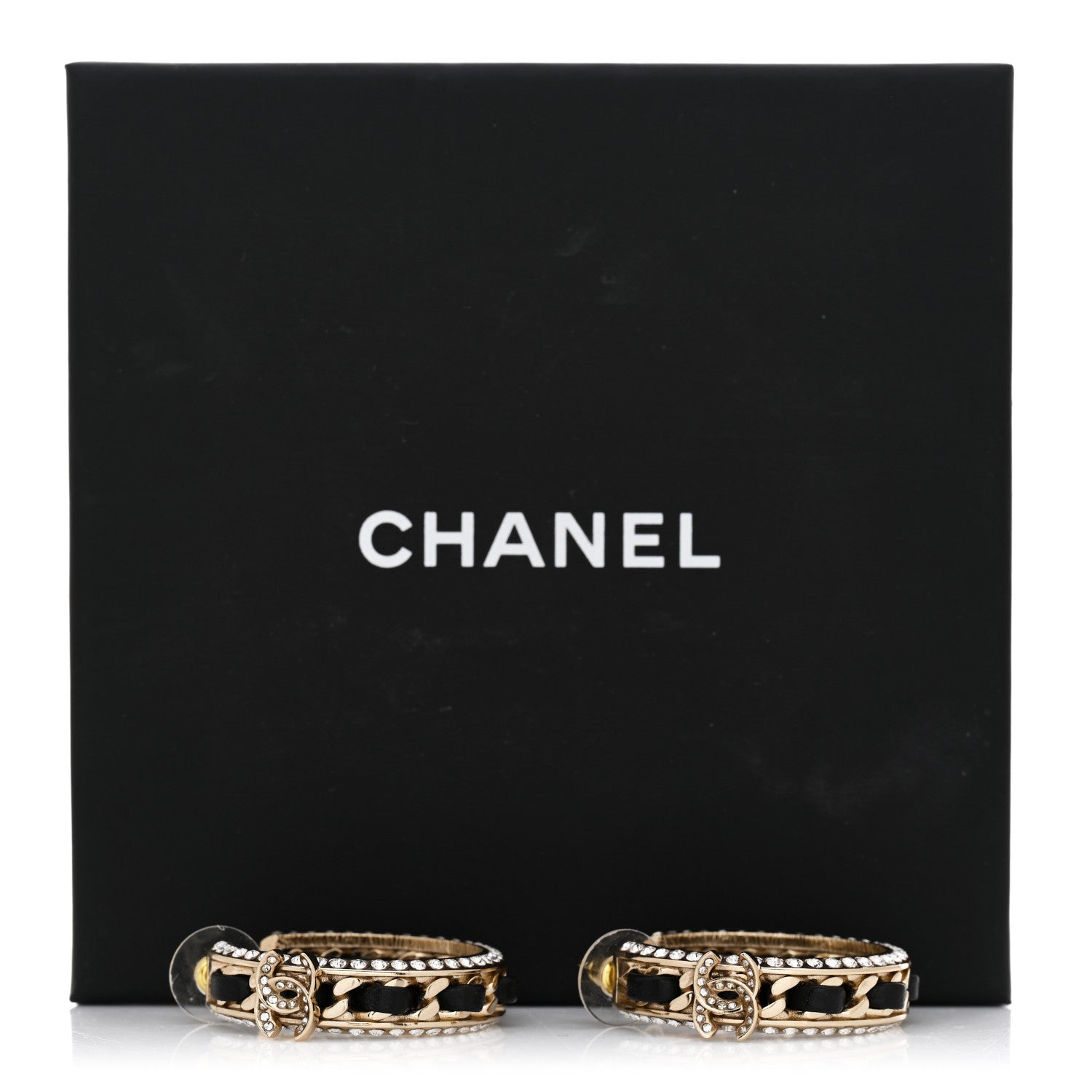 Chanel Crystal Lambskin CC Chain Hoop Earrings Gold Black 5 of 5