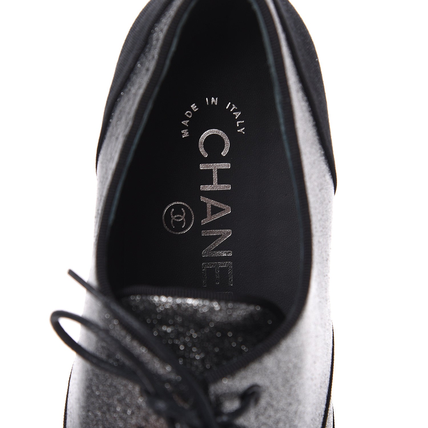 Chanel Glitter Fabric Grosgrain Cap Toe Lace Up Oxfords 37 Black Silver 8 of 9