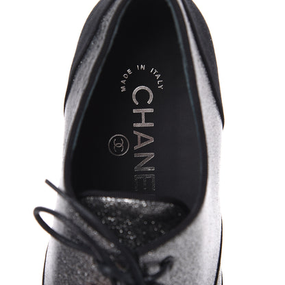 Chanel Glitter Fabric Grosgrain Cap Toe Lace Up Oxfords 37 Black Silver 8 of 9