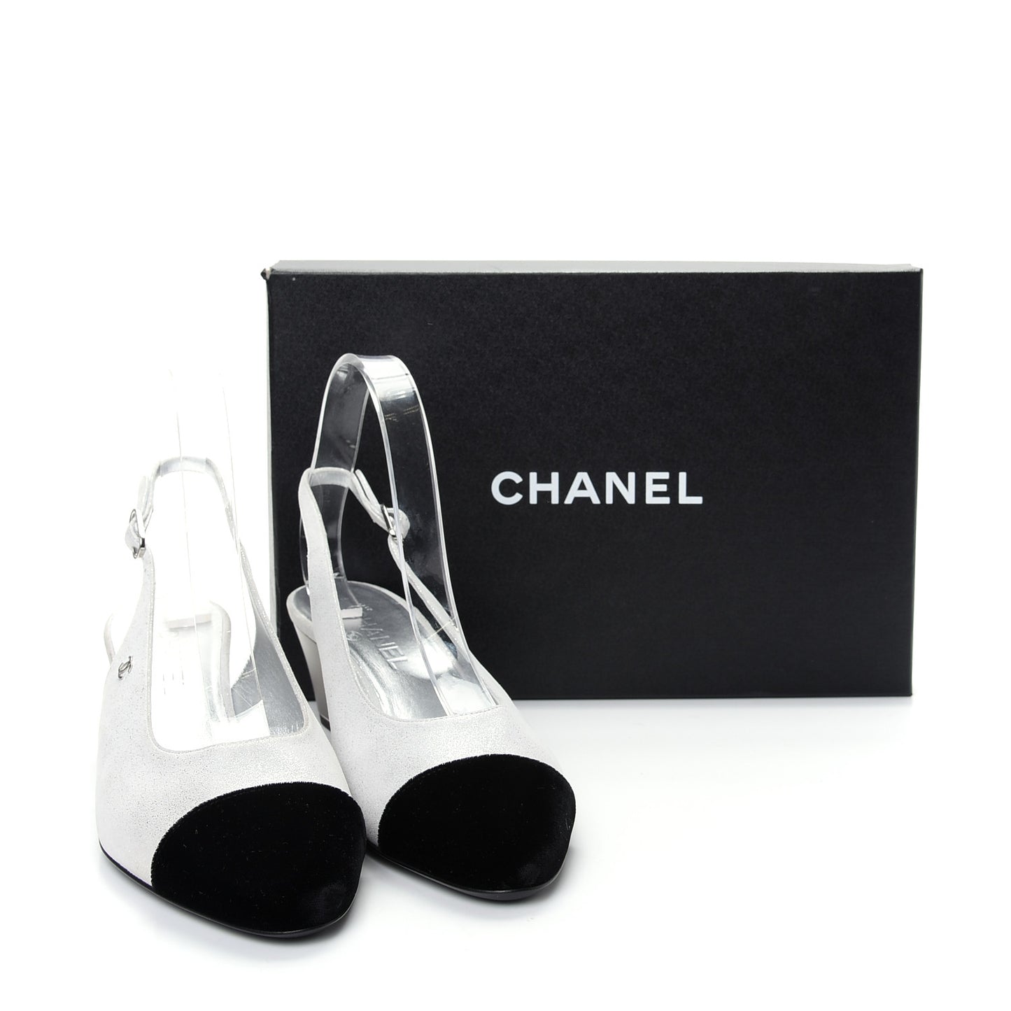 Laminated Goatskin Velvet Cap Toe CC Slingback Sandals 40 Silver Black