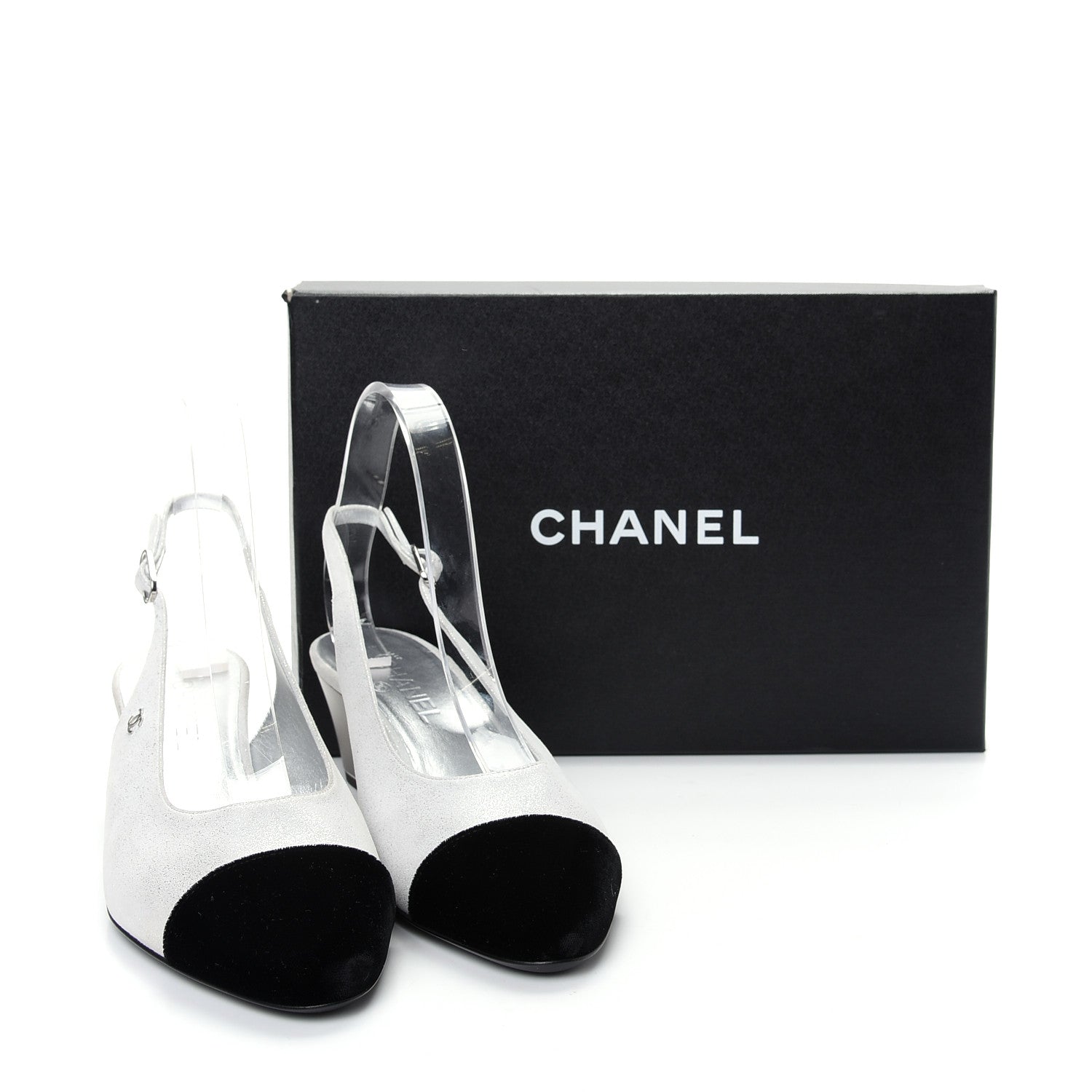 Chanel Laminated Goatskin Velvet Cap Toe CC Slingback Sandals 40 Silver Black 11 of 11