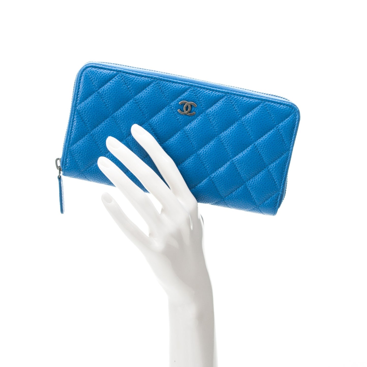 Caviar Quilted Large Gusset Zip Around Wallet Blue