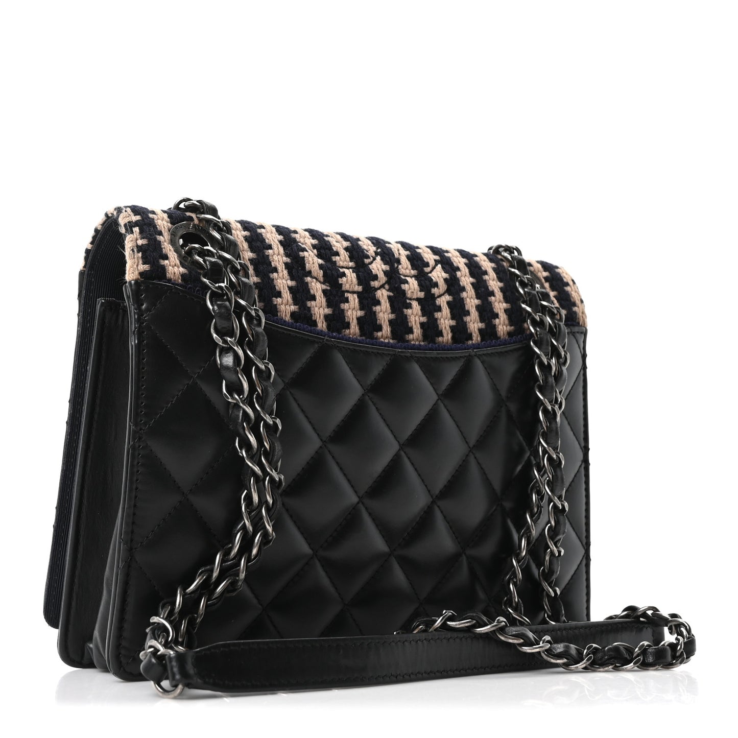 Tweed Calfskin Quilted Ballerine Flap Black Navy Beige