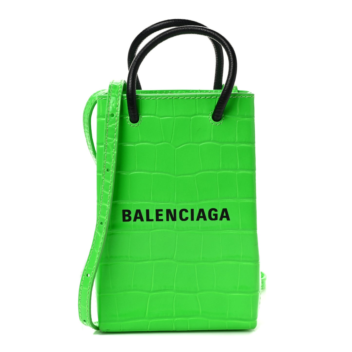 Shiny Calfskin Crocodile Embossed Logo Shopping Phone Holder Bag Fluo Green Black