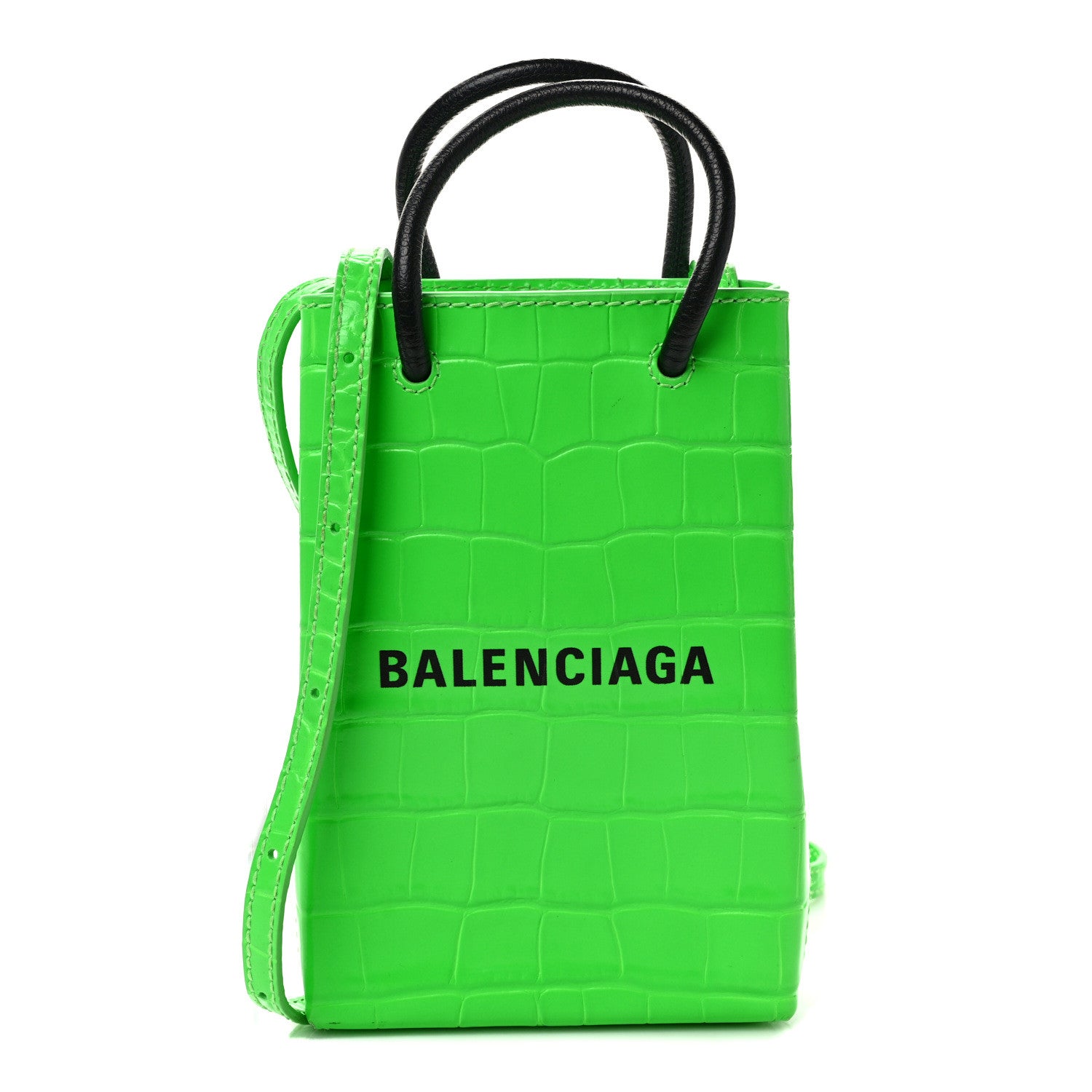 Balenciaga Shiny Calfskin Crocodile Embossed Logo Shopping Phone Holder Bag Fluo Green Black 1 of 8