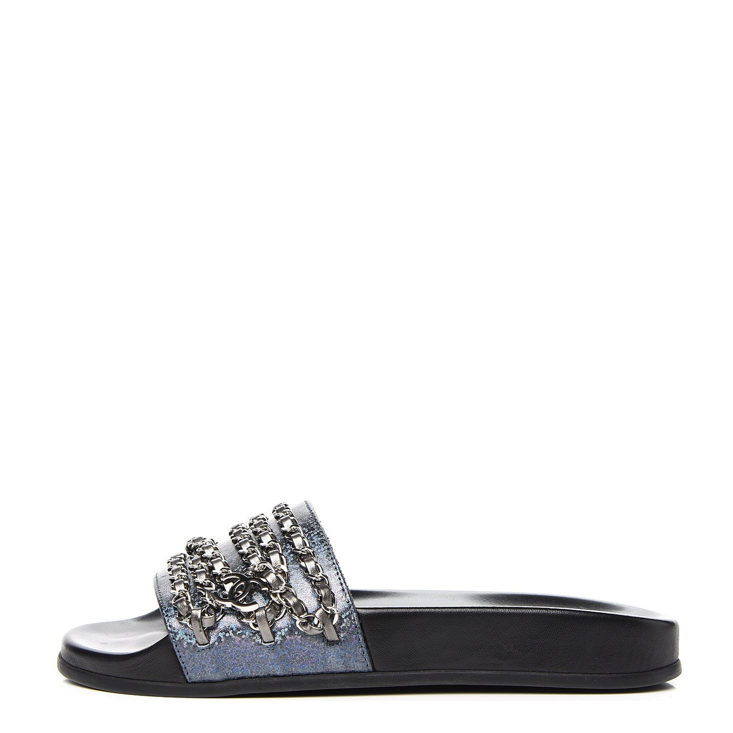 Metallic Lambskin Canvas Chain Flat Sandals 36 Dark Blue